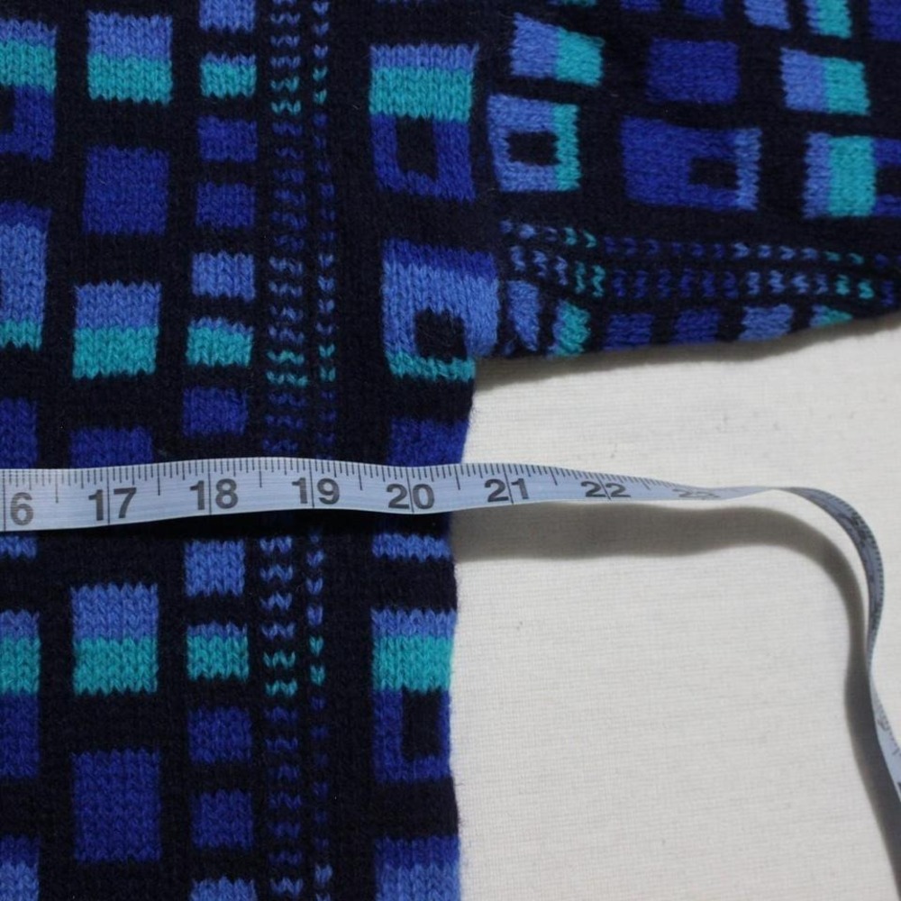 Mens Vintage 90s Abstract Blue Checkered Pattern Grandpa Sweater - Picture 6 of 8